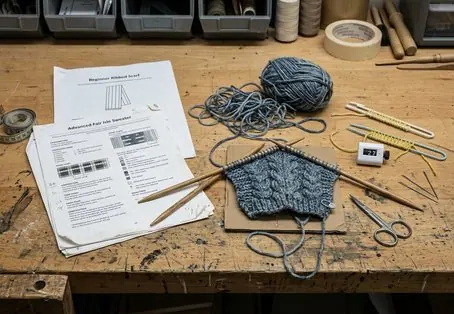 Open knitting pattern book next to bamboo needles and yarn