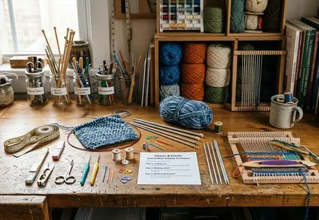 Hands demonstrating a complex cable knitting technique with bright yarn