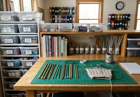 Collection of stitch markers, scissors, and measuring tape in a bowl